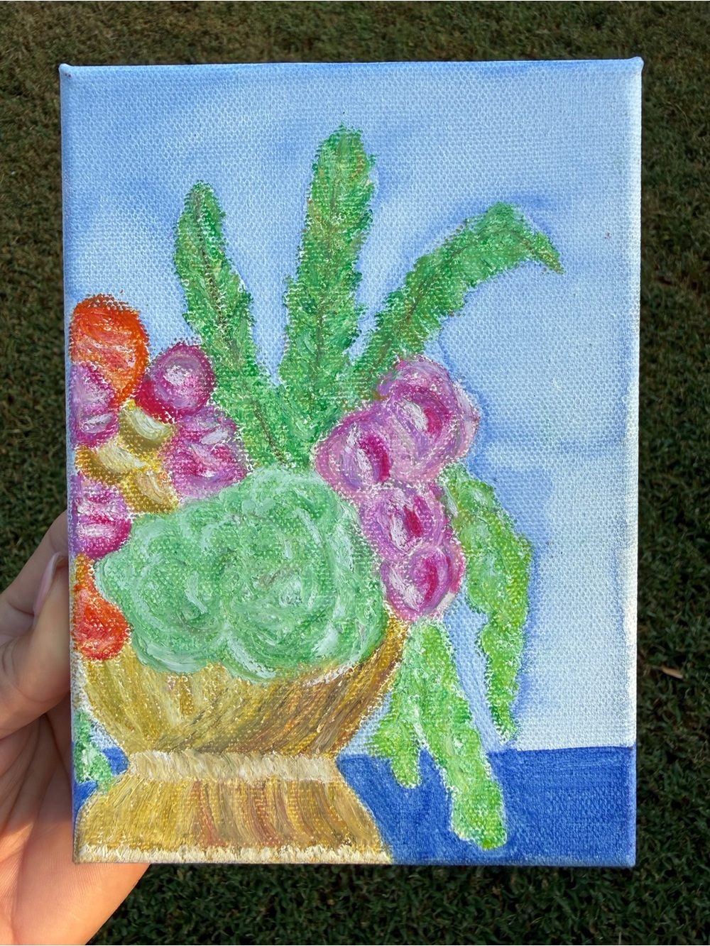 Hand-Painted Floral Canvas in Green, Pink & Orange - Artist Original